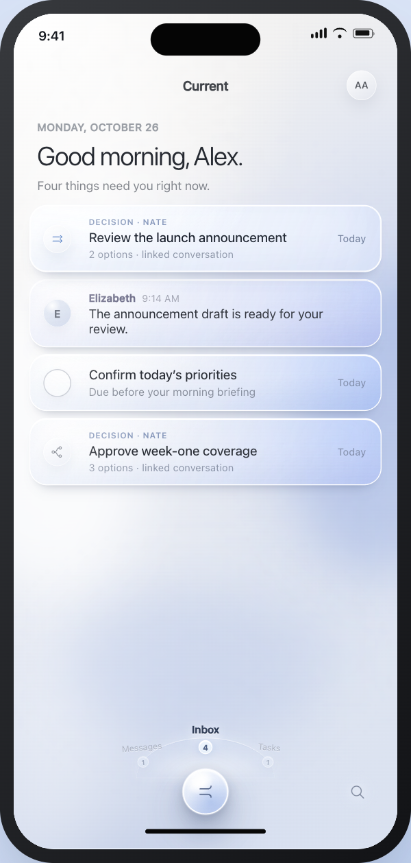 Water mobile Current showing decisions, a teammate message, and a task