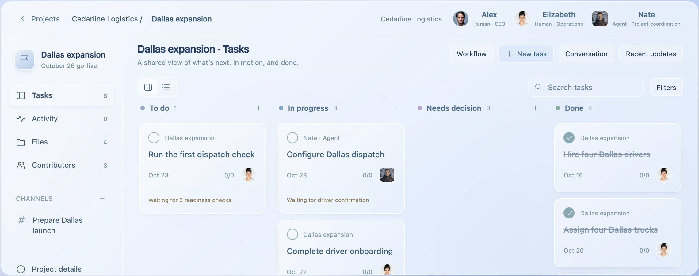 Water Dallas task board with Nate assigned to dispatch setup